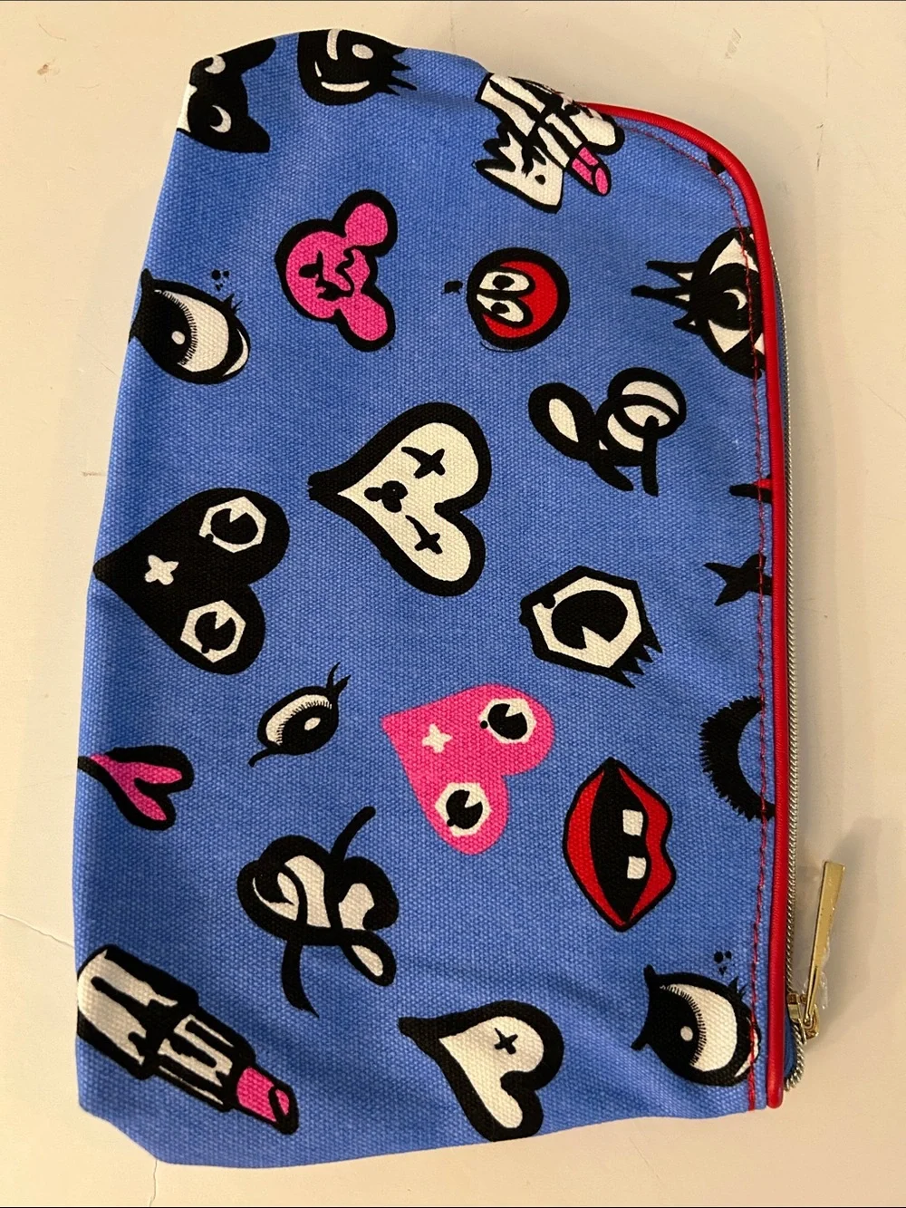 Estée Lauder Blue Graphic Cosmetic Pouch NEW fun graphics eyes lips angel wings